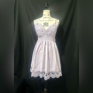 Justify Lilac Coquette Crochet-Trim Smocked Backless Mini Babydoll Dress